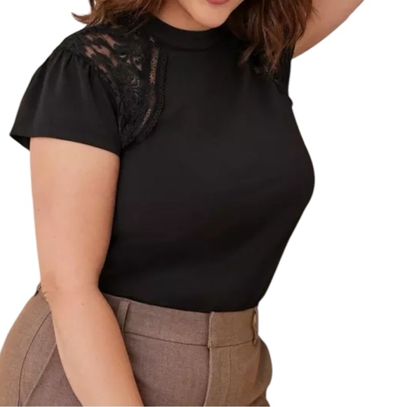 Studio Crepe Jersey Mock Neck Lace Inset Top - Picture 1 of 8